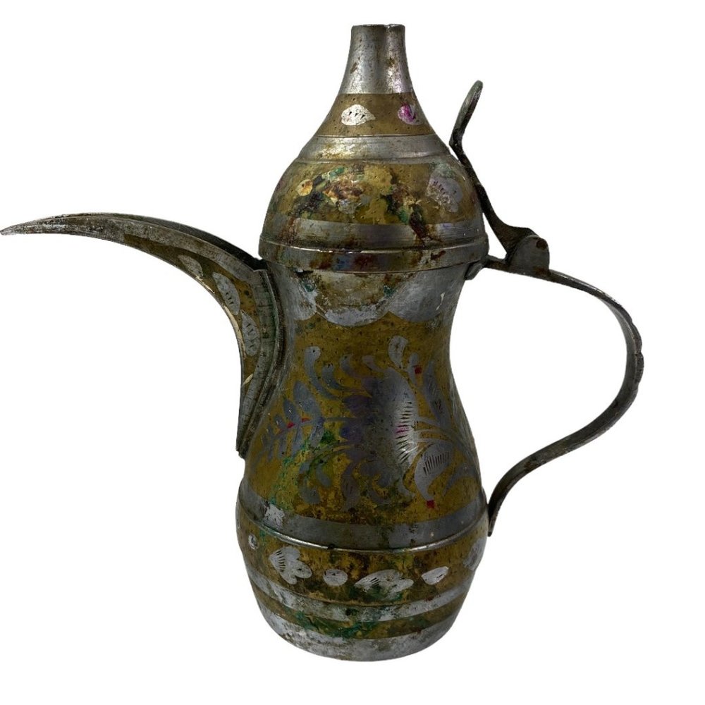 Antique Arabic Brass  Dallah Ibrik Kettle Pitcher Approx 11”